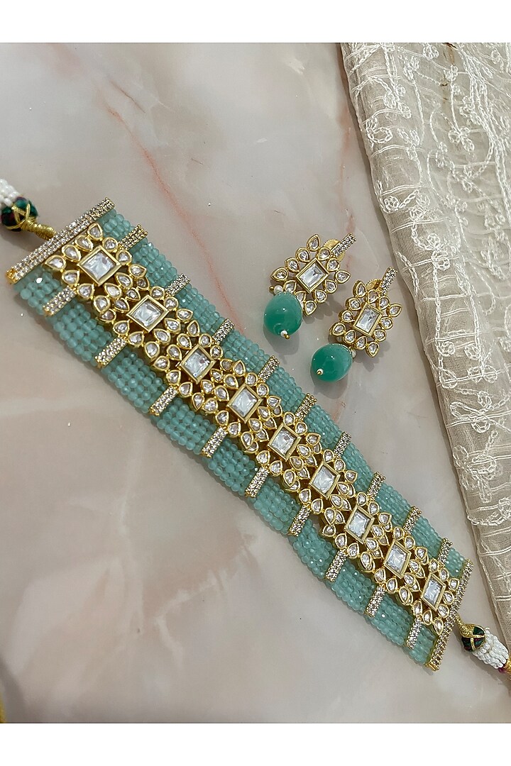 White Finish Gemstone & Aqua Beaded Choker Necklace Set by Autumn Poppy at Pernia's Pop Up Shop