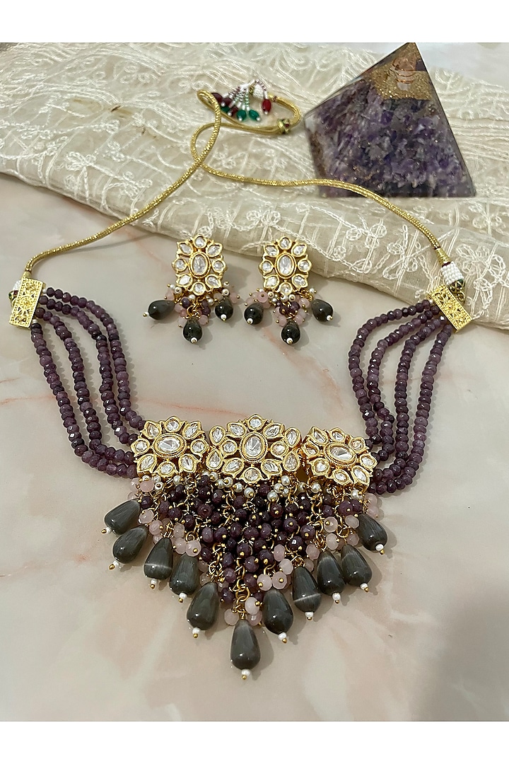 Gold Finish Mauve Beaded Necklace Set by Autumn Poppy