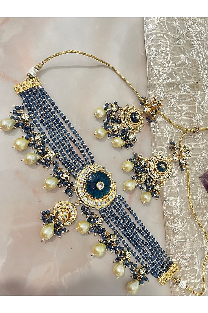 Gold Finish Blue Beaded Necklace Set by Autumn Poppy