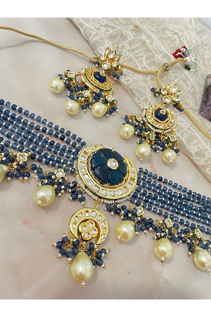 Gold Finish Blue Beaded Necklace Set by Autumn Poppy at Pernia's Pop Up Shop