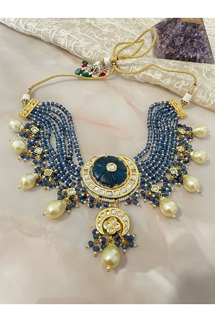 Gold Finish Blue Beaded Necklace Set by Autumn Poppy at Pernia's Pop Up Shop