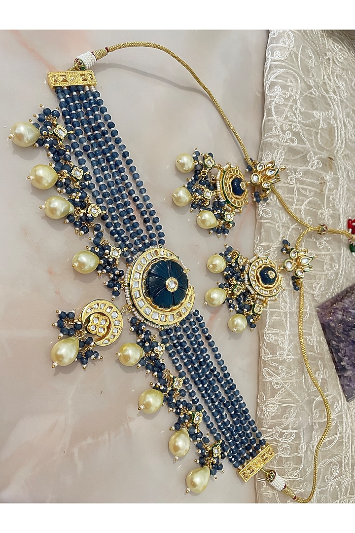 Gold Finish Blue Beaded Necklace Set by Autumn Poppy at Pernia's Pop Up Shop