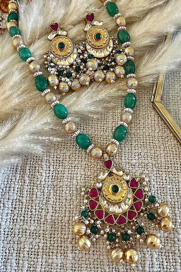 Gold Finish Kundan Polki & Emerald Green Beaded Long Necklace Set by Autumn Poppy at Pernia's Pop Up Shop