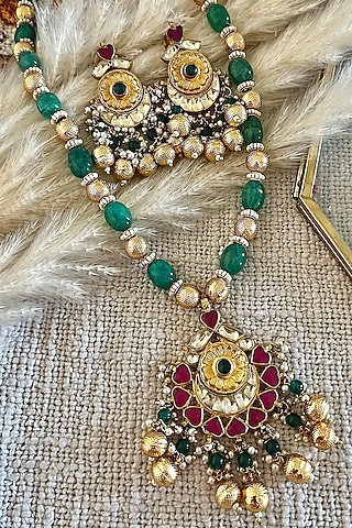 Gold Finish Kundan Polki & Emerald Green Beaded Long Necklace Set by Autumn Poppy