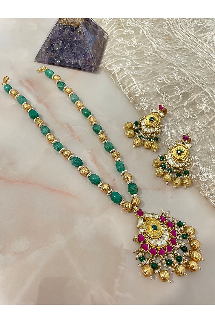 Gold Finish Kundan Polki & Emerald Green Beaded Long Necklace Set by Autumn Poppy at Pernia's Pop Up Shop