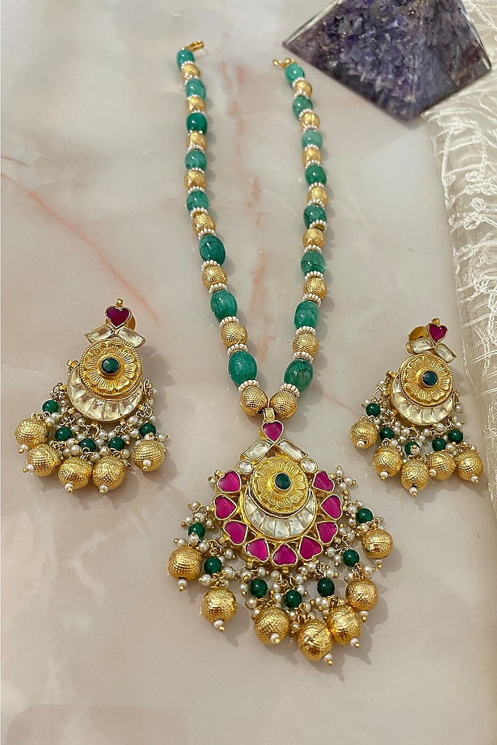 Gold Finish Kundan Polki & Emerald Green Beaded Long Necklace Set by Autumn Poppy at Pernia's Pop Up Shop