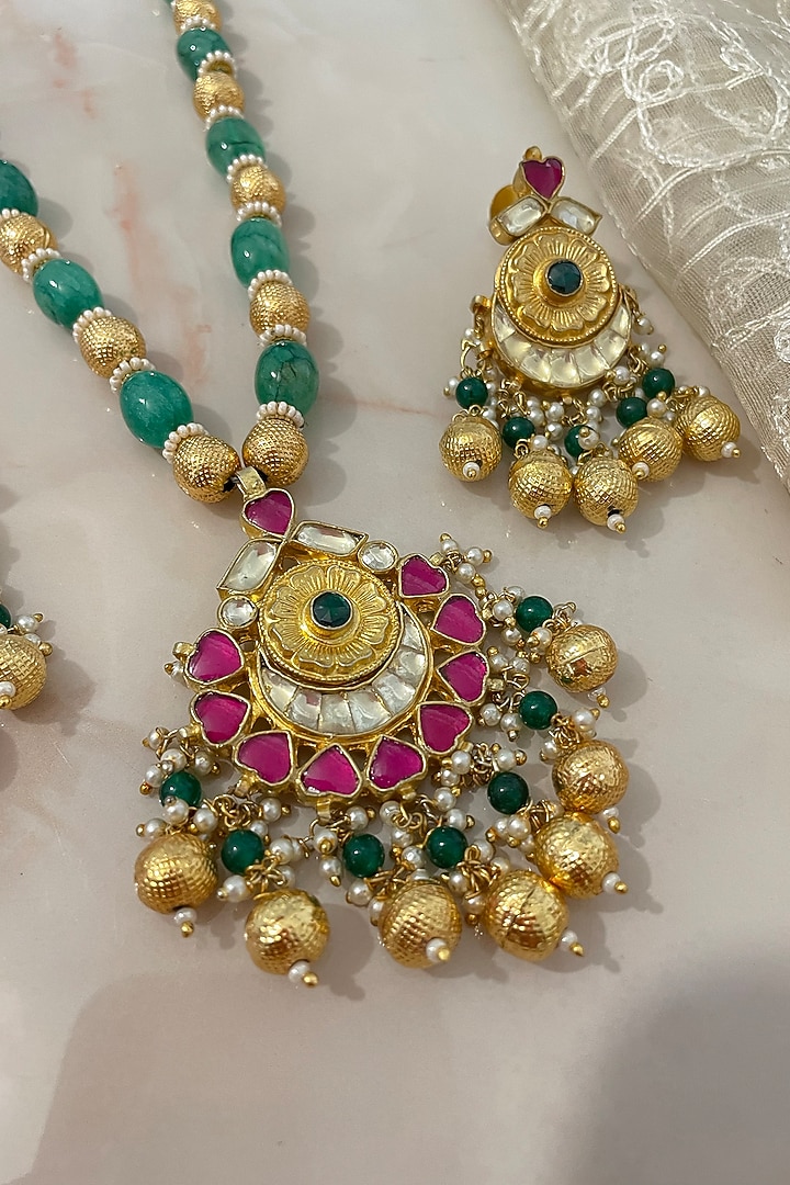 Gold Finish Kundan Polki & Emerald Green Beaded Long Necklace Set by Autumn Poppy at Pernia's Pop Up Shop