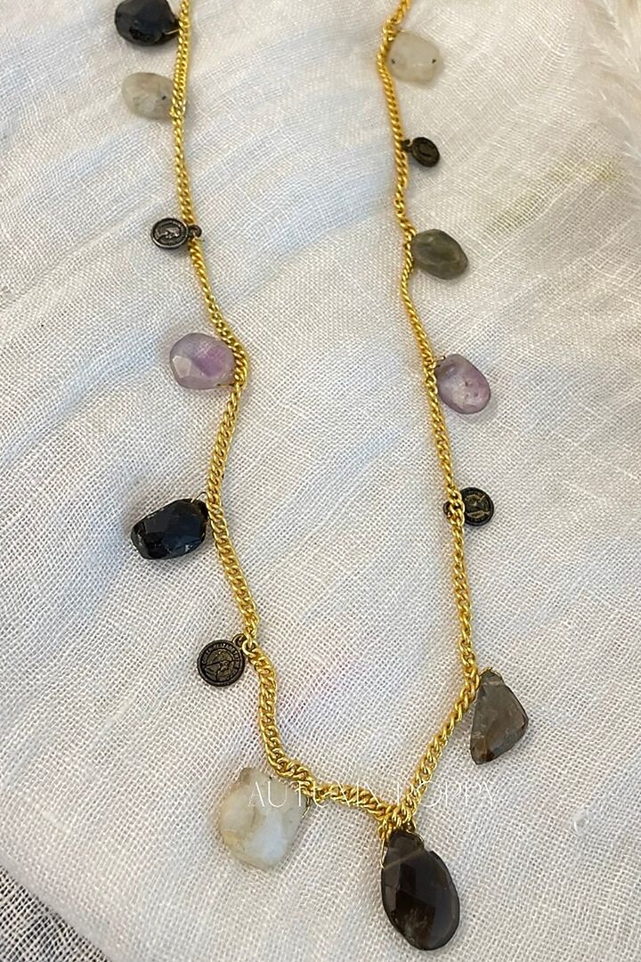 Gold Finish Multi-Colored Semi-Precious Stone Long Necklace by Autumn Poppy at Pernia's Pop Up Shop