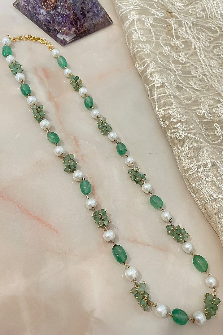 Gold Finish Pearl & Green Jade Long Necklace by Autumn Poppy at Pernia's Pop Up Shop