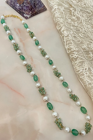 Gold Finish Pearl & Green Jade Long Necklace by Autumn Poppy