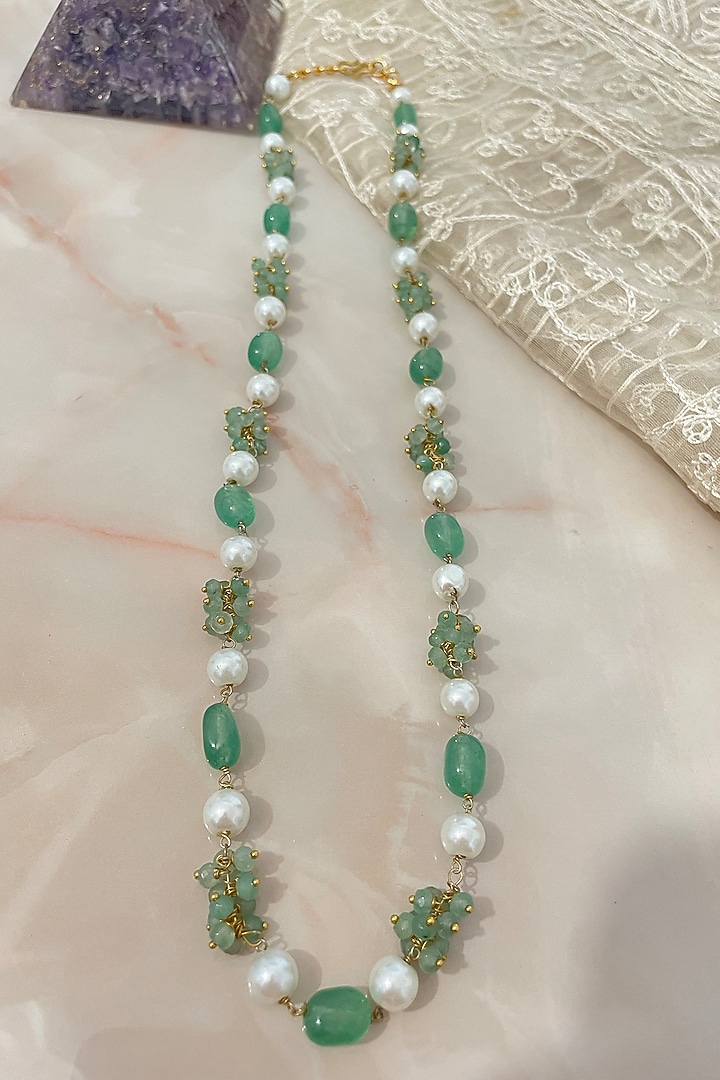 Gold Finish Pearl & Green Jade Long Necklace by Autumn Poppy at Pernia's Pop Up Shop