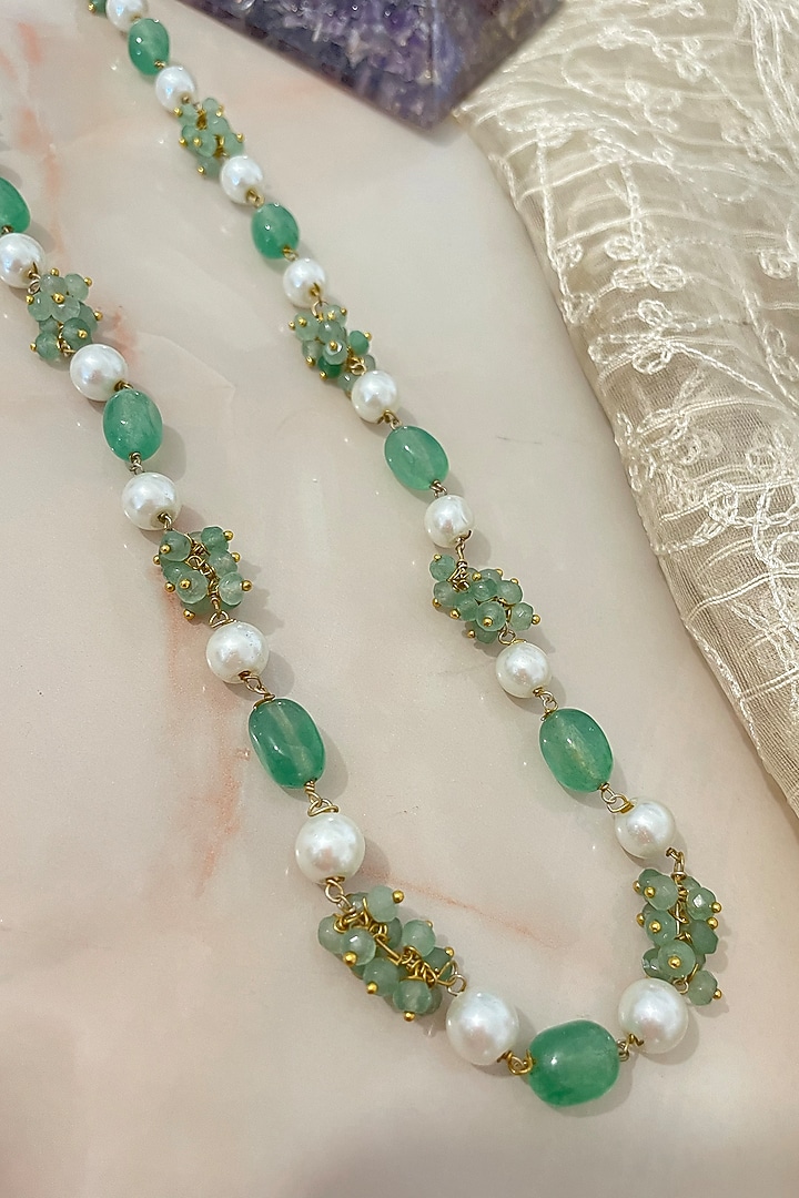 Gold Finish Pearl & Green Jade Long Necklace by Autumn Poppy at Pernia's Pop Up Shop