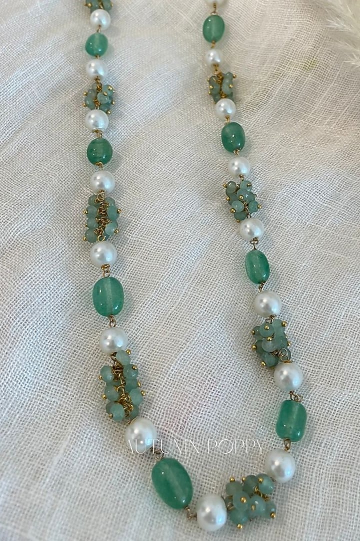 Gold Finish Pearl & Green Jade Long Necklace by Autumn Poppy at Pernia's Pop Up Shop