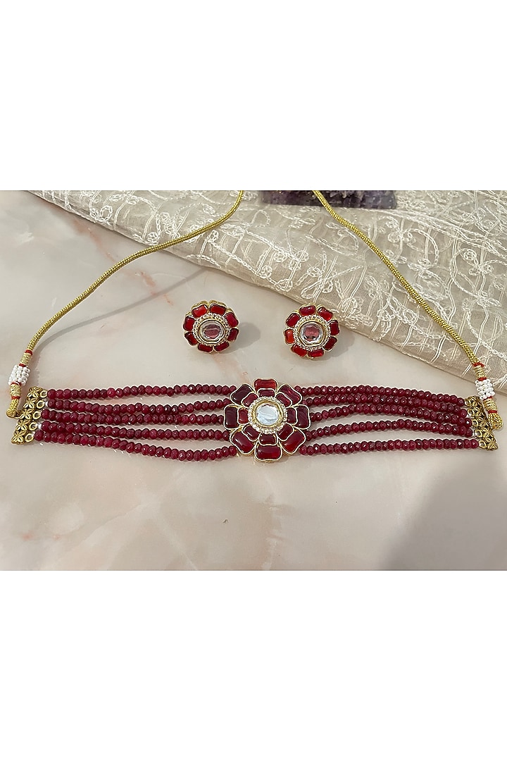 Gold Finish Ruby Synthetic Stone Beaded Choker Necklace Set by Autumn Poppy at Pernia's Pop Up Shop