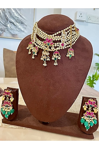 Gold Finish Kundan Polki & Red Stone Choker Necklace Set by Autumn Poppy