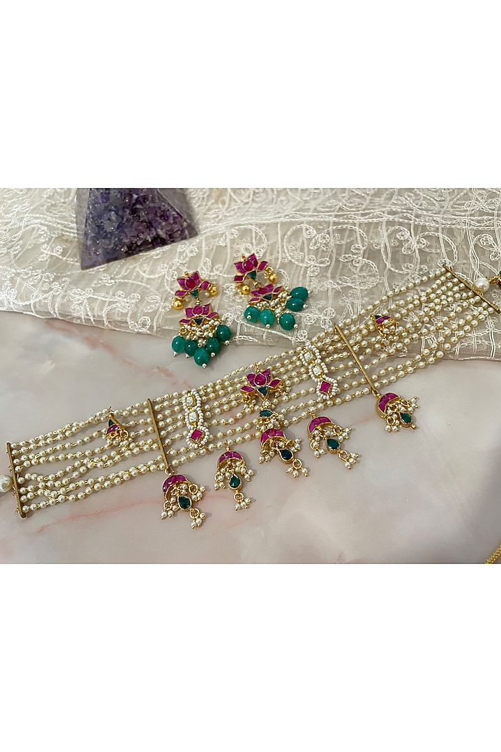 Gold Finish Kundan Polki & Red Stone Choker Necklace Set by Autumn Poppy at Pernia's Pop Up Shop