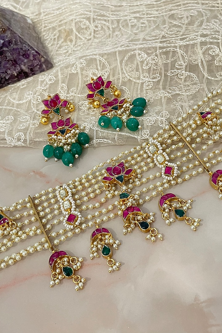 Gold Finish Kundan Polki & Red Stone Choker Necklace Set by Autumn Poppy at Pernia's Pop Up Shop
