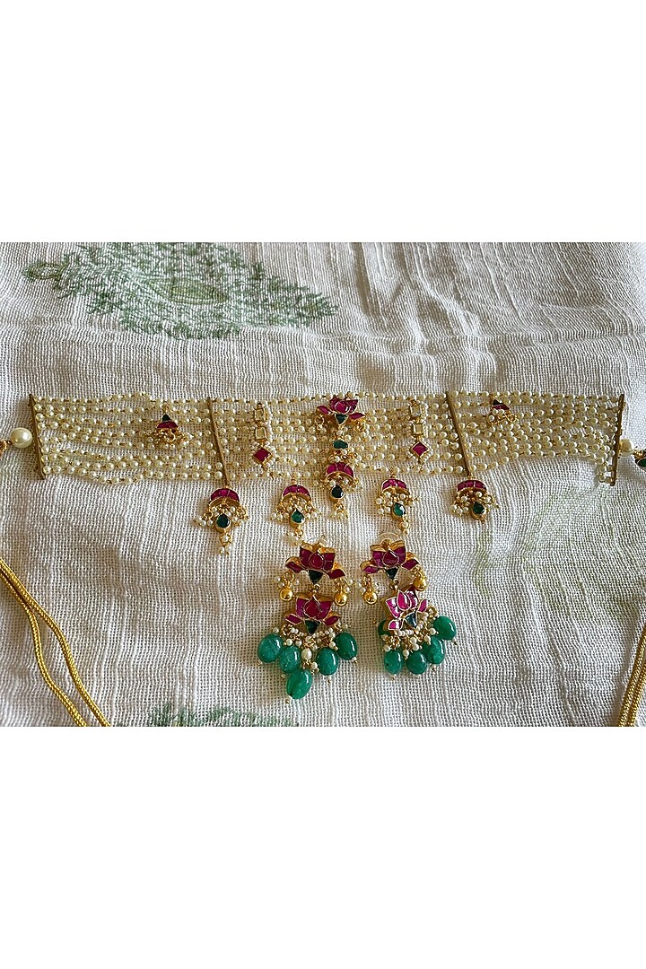Gold Finish Kundan Polki & Red Stone Choker Necklace Set by Autumn Poppy at Pernia's Pop Up Shop