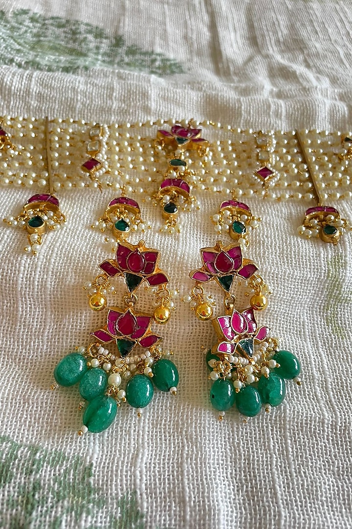 Gold Finish Kundan Polki & Red Stone Choker Necklace Set by Autumn Poppy at Pernia's Pop Up Shop