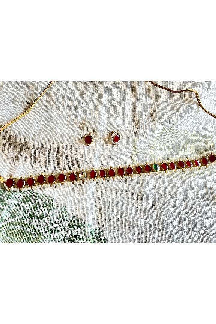 Gold Finish Kundan Polki & Red Stone Choker Necklace Set by Autumn Poppy at Pernia's Pop Up Shop