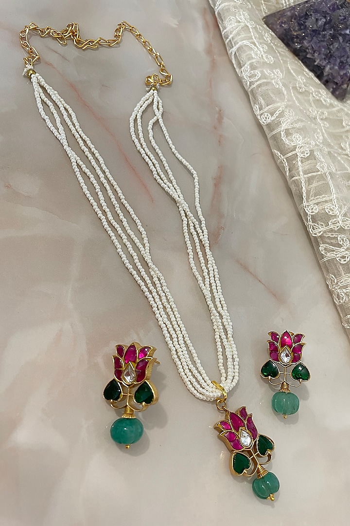 Gold Finish Kundan Polki & Pearl Long Necklace Set by Autumn Poppy at Pernia's Pop Up Shop