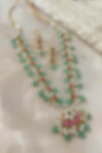 Gold Finish Pearl & Lush Green Jade Stone Long Necklace Set by Autumn Poppy at Pernia's Pop Up Shop