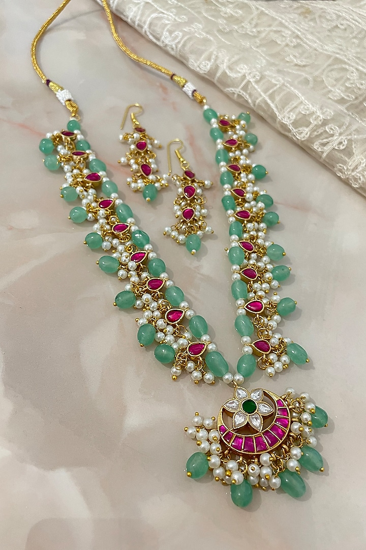 Gold Finish Pearl & Lush Green Jade Stone Long Necklace Set by Autumn Poppy at Pernia's Pop Up Shop