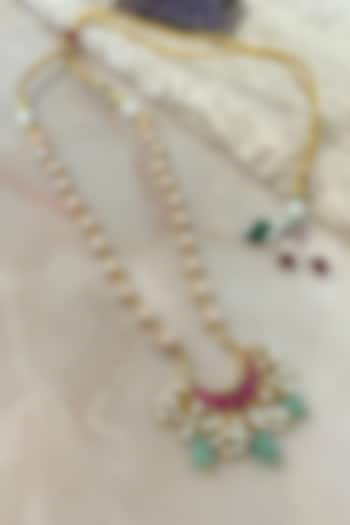 Gold Finish Kundan Polki & Peach Stone Long Necklace by Autumn Poppy at Pernia's Pop Up Shop