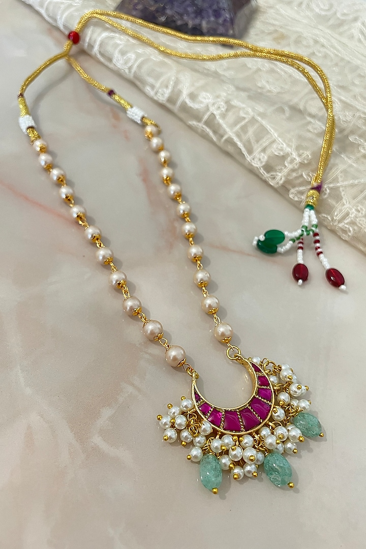 Gold Finish Kundan Polki & Peach Stone Long Necklace by Autumn Poppy at Pernia's Pop Up Shop