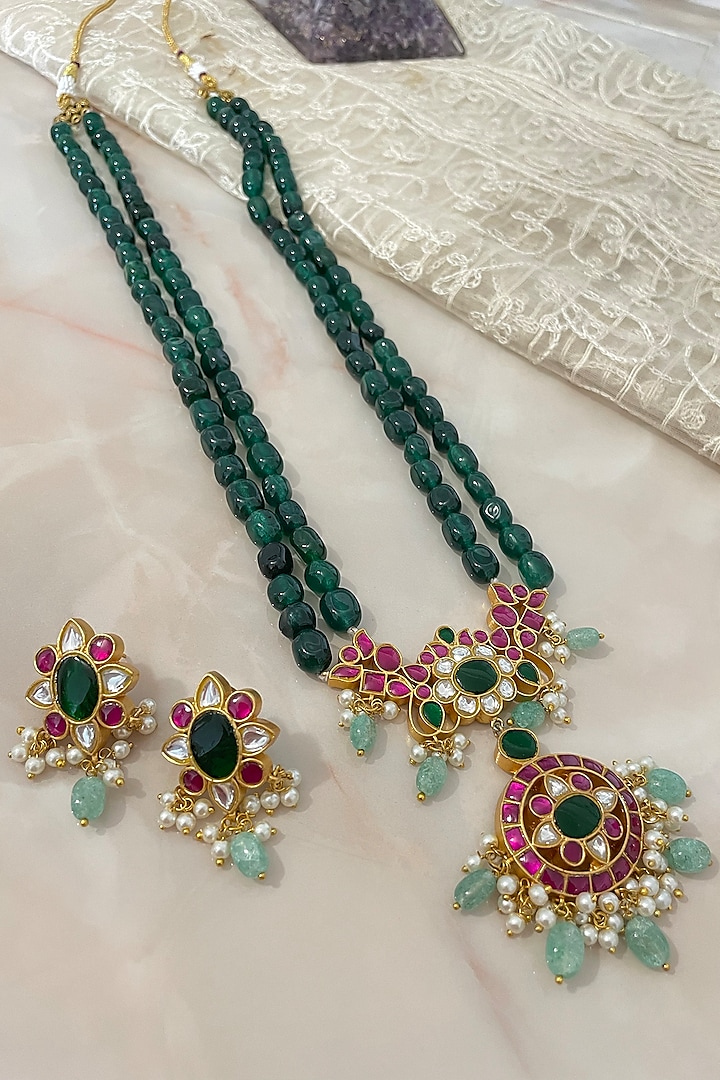 Gold Finish Kundan Polki & Emerald Green Beaded Long Necklace Set by Autumn Poppy at Pernia's Pop Up Shop