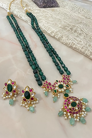 Gold Finish Kundan Polki & Emerald Green Beaded Long Necklace Set by Autumn Poppy