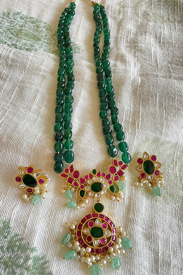 Gold Finish Kundan Polki & Emerald Green Beaded Long Necklace Set by Autumn Poppy at Pernia's Pop Up Shop