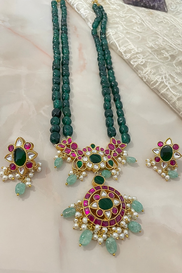 Gold Finish Kundan Polki & Emerald Green Beaded Long Necklace Set by Autumn Poppy at Pernia's Pop Up Shop