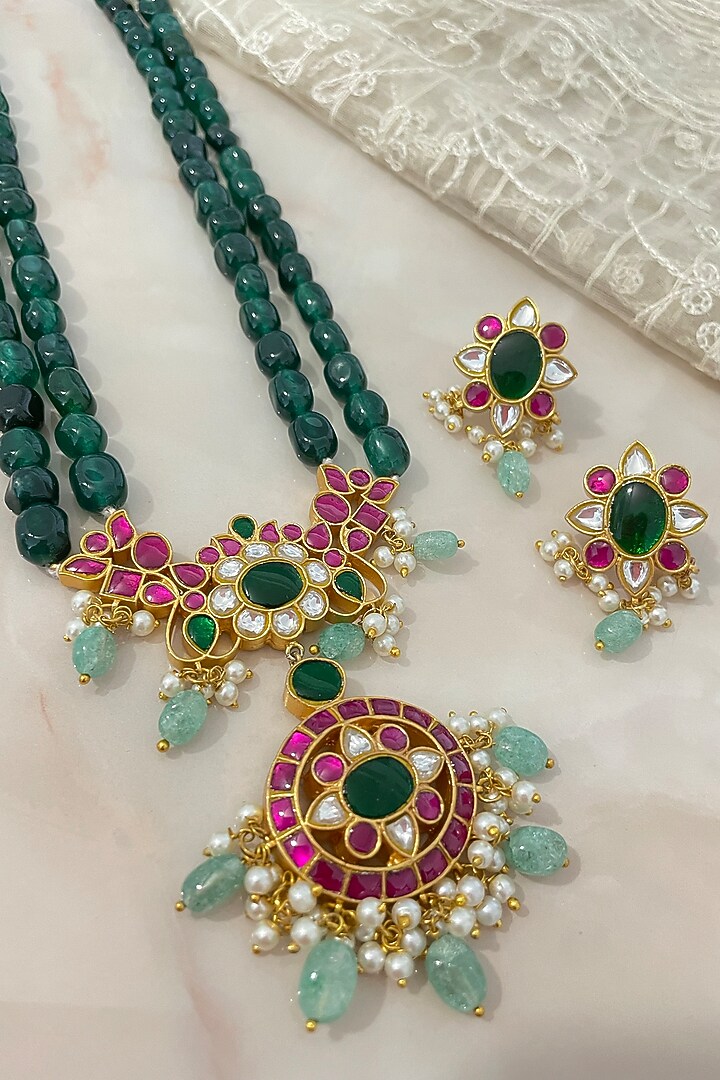 Gold Finish Kundan Polki & Emerald Green Beaded Long Necklace Set by Autumn Poppy at Pernia's Pop Up Shop