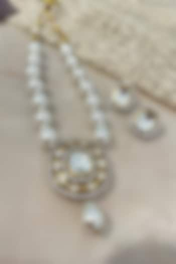 Gold Finish Pearl & Champagne Stone Long Necklace Set by Autumn Poppy at Pernia's Pop Up Shop