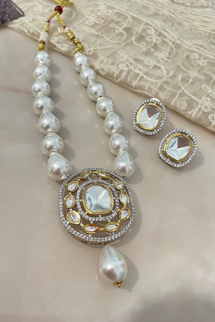 Gold Finish Pearl & Champagne Stone Long Necklace Set by Autumn Poppy at Pernia's Pop Up Shop