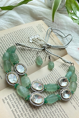 Gold Finish Kundan Polki & Green Gemstone Choker Necklace Set by Autumn Poppy