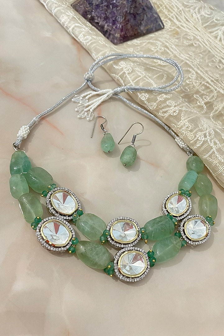 Gold Finish Kundan Polki & Green Gemstone Choker Necklace Set by Autumn Poppy at Pernia's Pop Up Shop