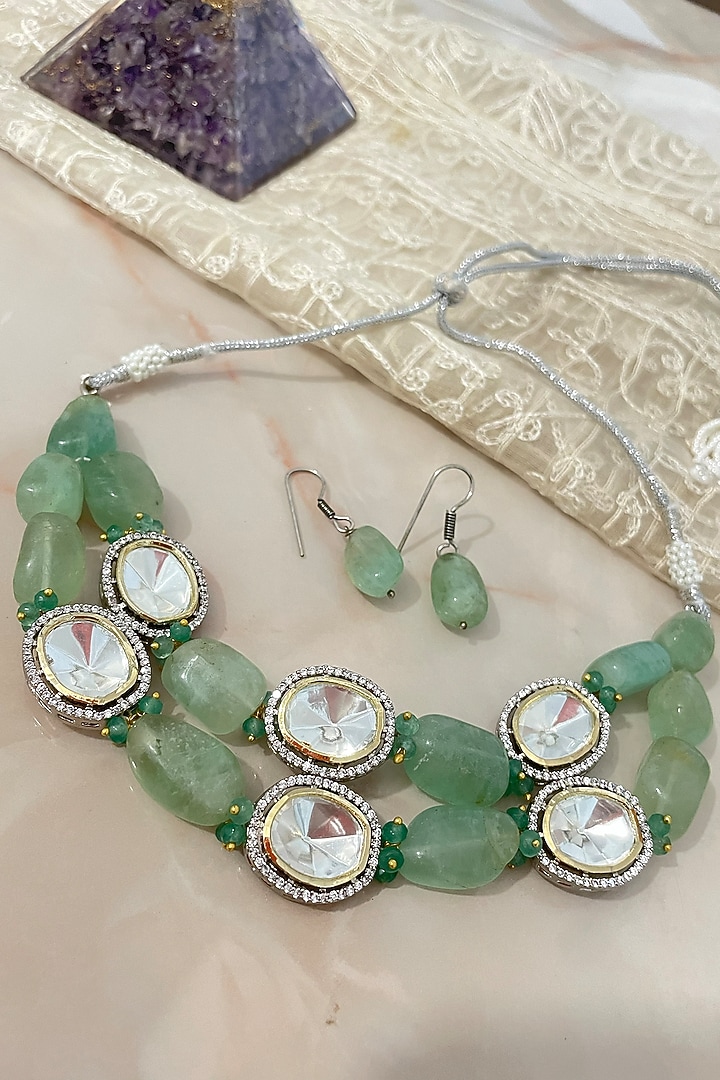 Gold Finish Kundan Polki & Green Gemstone Choker Necklace Set by Autumn Poppy at Pernia's Pop Up Shop