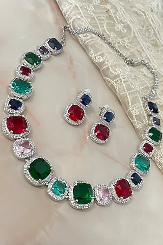 Roose Gold Finish Multi-Colored Gemstone Necklace Set by Autumn Poppy