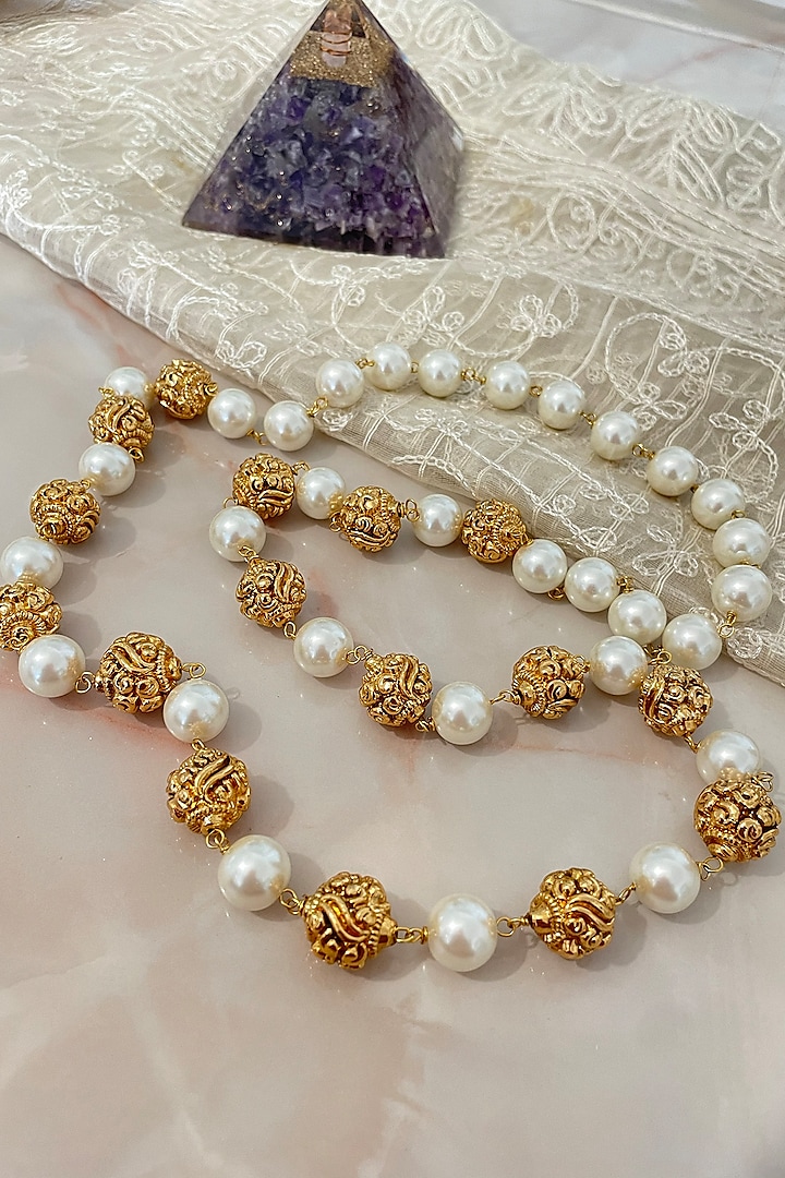Gold Finish Baroque Pearl & Filigree Beads Temple Necklace by Autumn Poppy at Pernia's Pop Up Shop