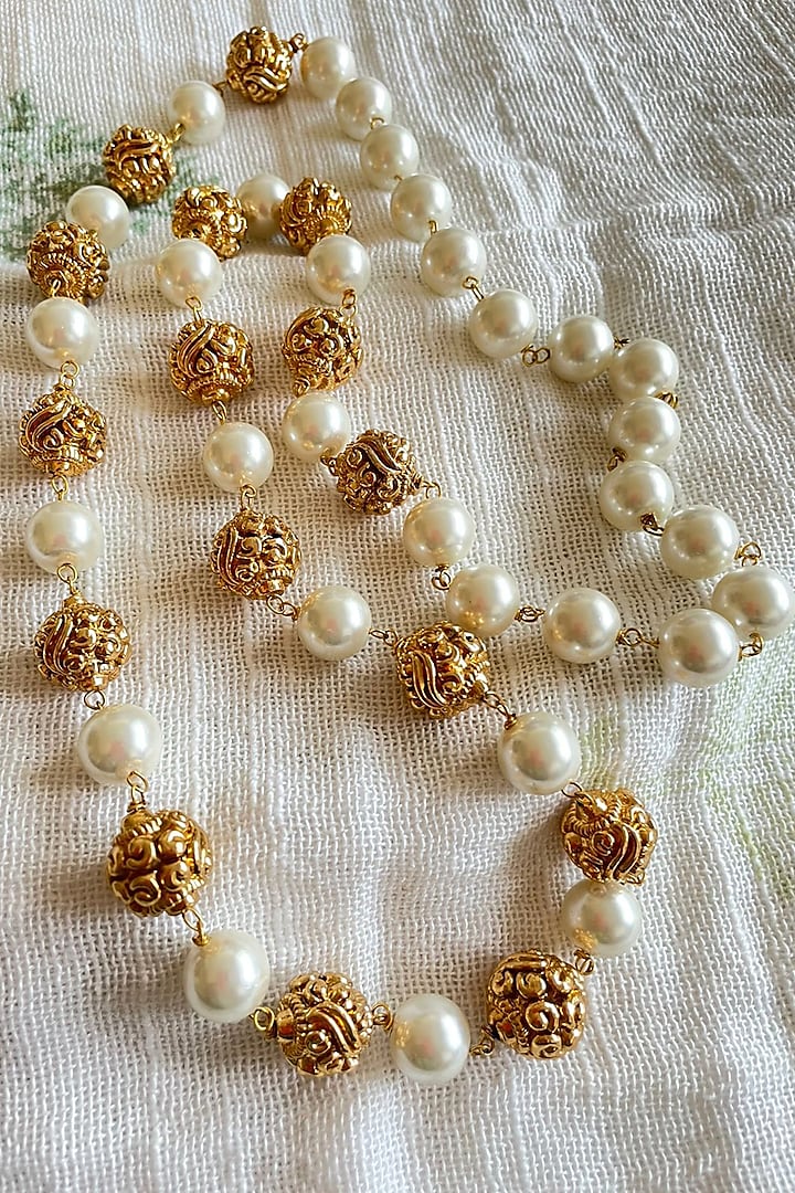 Gold Finish Baroque Pearl & Filigree Beads Temple Necklace by Autumn Poppy at Pernia's Pop Up Shop