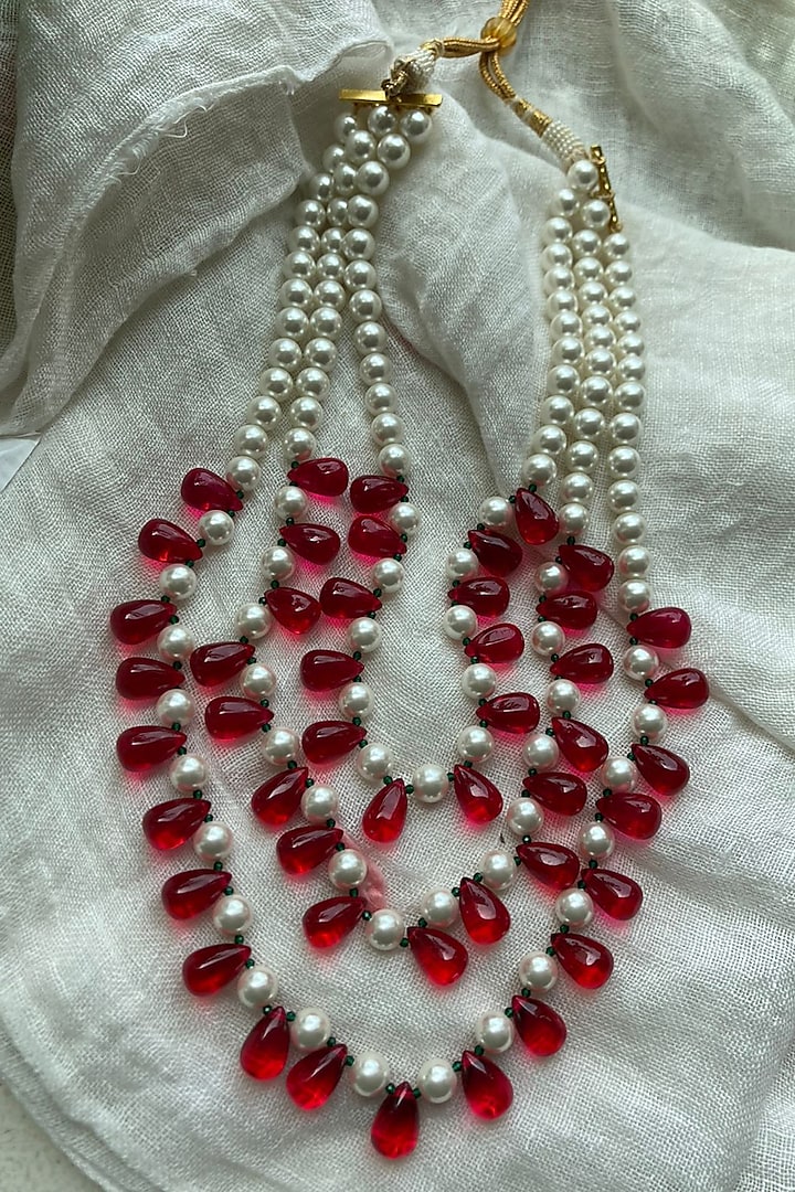 Gold Finish Pearl & Ruby Synthetic Stone Long Necklace by Autumn Poppy at Pernia's Pop Up Shop