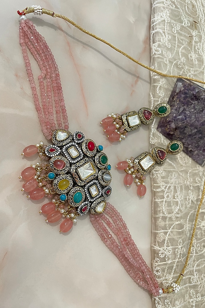 Black Rhodium Finish Pink Rose Quartz Stone Necklace Set by Autumn Poppy at Pernia's Pop Up Shop