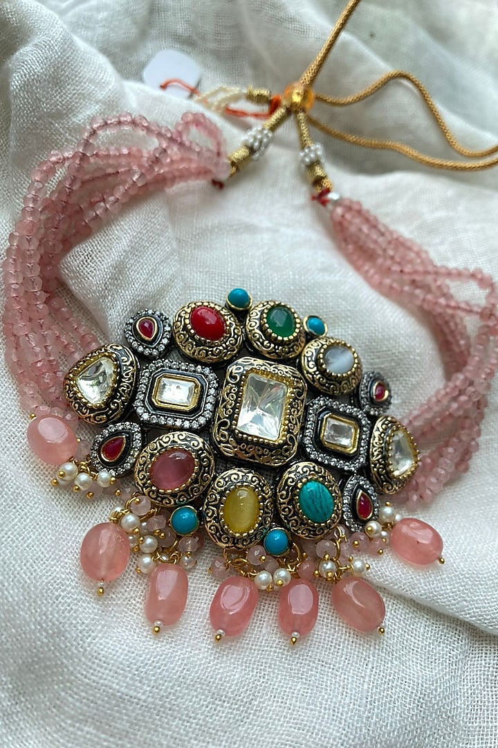 Black Rhodium Finish Pink Rose Quartz Stone Necklace Set by Autumn Poppy at Pernia's Pop Up Shop