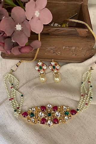 Gold Finish Choker Deep Crimson & Emerald Stone Choker Necklace Set by Autumn Poppy