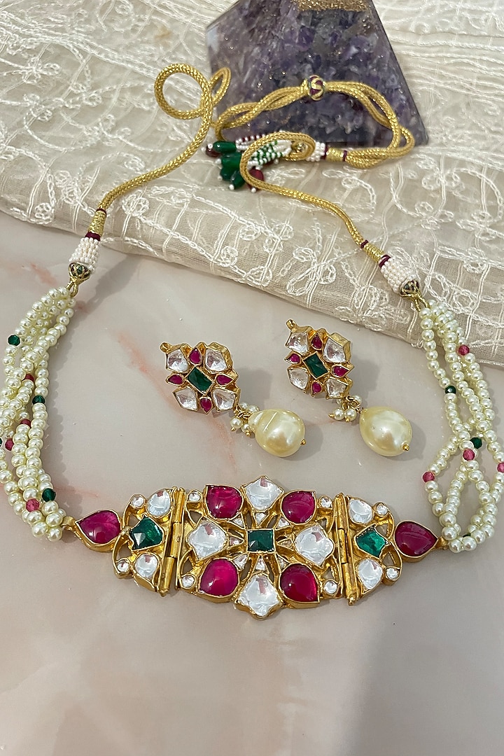 Gold Finish Choker Deep Crimson & Emerald Stone Choker Necklace Set by Autumn Poppy at Pernia's Pop Up Shop