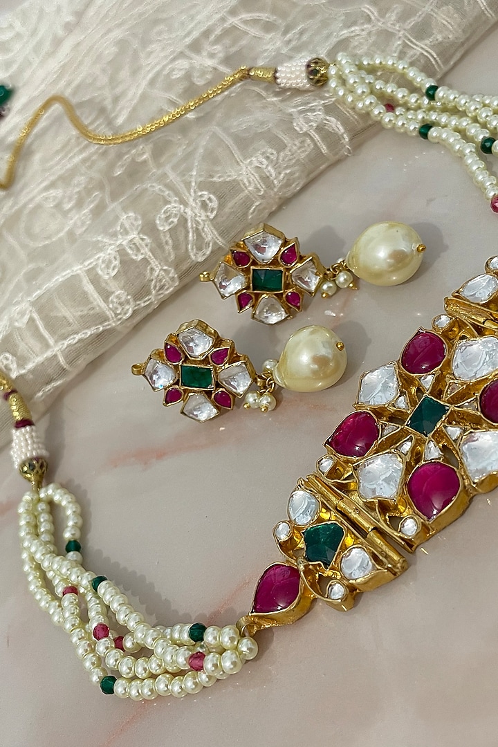 Gold Finish Choker Deep Crimson & Emerald Stone Choker Necklace Set by Autumn Poppy at Pernia's Pop Up Shop