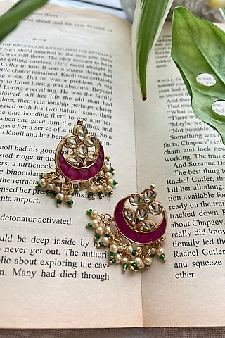 Gold Finish Kundan Polki & Miniature Pearl Chandbali Earrings by Autumn Poppy