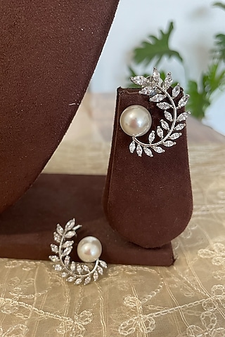 White Finish Zircon & Pearl Stud Earrings by Autumn Poppy